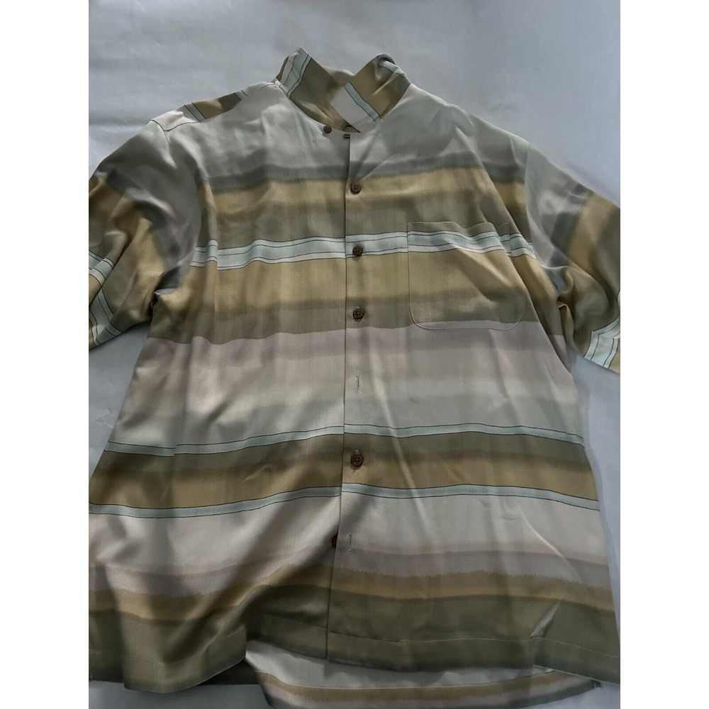 Tommy Bahama Mens Striped Silk Short Sleeve Button Down Shirt Size Large Tan EUC